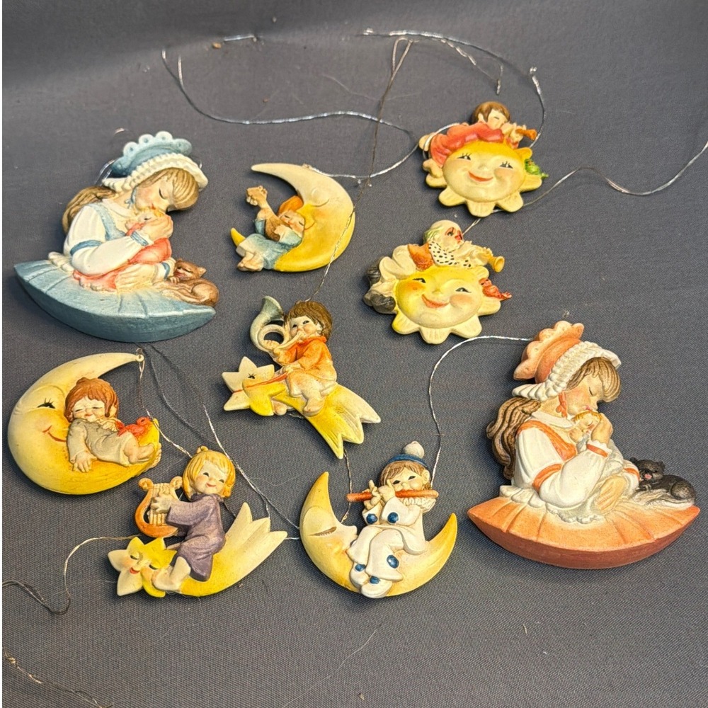 Vintage 9pc Anri Italy Juan Ferrandiz Wood Ornaments Sun Moon Star 1983 Set